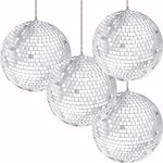 Morofme Mirror Disco Ball 10cm 4pcs, Silver Hanging Disco Light Mirror BallDisco Ball Centerpiece Decor for Disco Birthday 70s Theme Retro Party Supplies Stage Props