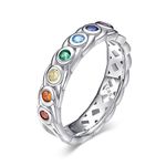 VENACOLY Chakra Ring Sterling Silver Rainbow Zirconia Ring for Chakra Jewelry Gift for Women Girls