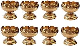 SATVIK 8 Pc Brass Diya for Diwali Decoration. Handmade Golden Virgin Brass Metal Oil Lamp Dia Kutthu Vilakku for Puja Pooja. Traditional Indian Deepawali Housewarming Return Gift Items Bulk