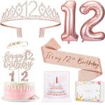 8pcs 12th Birthday Decorations for Girls, Including 12 Birthday Cake Topper, Birthday Queen Sash with Pearl Pin, Sweet Rhinestone Tiara Crown, Number Candles and Balloons Set, Rose Gold