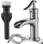 NeierThodore Bathroom Sink Faucets with Drain Assembly with Overflow and Supply Line Commercial Single Handle One Hole Waterfall Faucet Deck Mounted Brushed Nickel