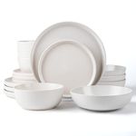 ARORA SKUGGA Round Stoneware 16pc Double Bowl Dinnerware Set for 4, Dinner and Side Plates, Cereal and Pasta Bowls - Matte White(466077)