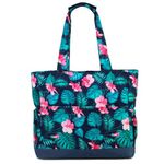 VASCHY Beach Bag for Women, 17.3L Floral Water Resistant Sandproof Summer Tote Bag Foldable Lightweight Pool Gym Shoulder Bag with Multi-Pockets for Vacation, Travel(Green Leaves Red Flowers)