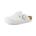 CUSHIONAIRE Hana Slip-On Buckle Clog with Cork Footbed +Memory Foam, Wide Widths Available, White, 8