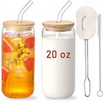 ALINK 20 OZ Glass Cups with Bamboo Lids and Glass Straw - Beer Can Shaped Drinking Glasses Set, Iced Coffee Glasses, Cute Tumbler Cup for Smoothie, Whiskey, Water, Present - 2 Pack