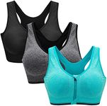 ZOEREA Women's Zip Front Sports Bra, Comfy Post Surgery Bra Yoga Sports Bras, High Impact Wireless Sports Running Bra, Black,gray and Green, M: Fit 70DD 70E 75D 80BC 85BC