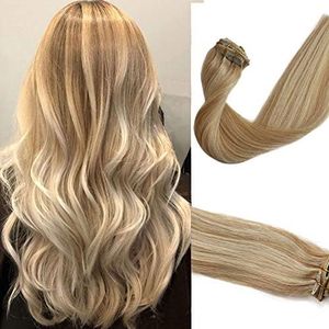 Human Hair Extensions Clip in Dirty Blonde Highlights 15 inch Remy Straight Hair for Fine Hair Full Head