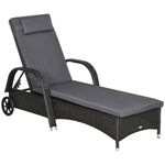 Outsunny Wicker Chaise Lounge, Outdoor Lounge Chair, PE Rattan Patio Sun lounger with Head-rest, 5-Level Height Adjust Backrest, Cushion, & Wheels, Deep Coffee and Med Grey