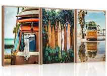 Bohemian Beach 3pcs Posters Canvas Wall Art California Ocean Prints Summer Coastal Tropical Printing Pictures Wall Decor Teen Seascape Nautical Surfboard Van Palm Tree Bathroom Room Decor Unframed