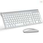 Wireless Keyboard and Mouse Ultra Slim Combo, TopMate 2.4G Silent Compact USB 2400DPI Mouse and Scissor Switch Keyboard Set with Cover, 2 AA and 2 AAA Batteries, for PC/Laptop/Windows/Mac-Silver White