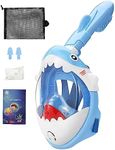 Full-Face Snorkel Mask for Kids 5-10 Years with 180° Super High-Definition Field of View Anti-Fogging Anti-Leaking Design Dry Top Feature Included in Blue Shark Design for Kids' Diving Masks.