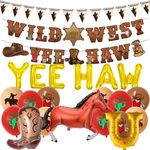 Yee-haw Western Cowboy Decoration Set - 24 Pcs Wild West Party Decor Triangle banner Hat Boots Yee Haw Horse Foil Balloons for Cowboy Themed Western Baby Shower Party Supplies