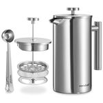 VonShef 12 Cup Cafetiere, 1.5L Double Walled Stainless Steel French Press with 2-in-1 Measuring Spoon Bag Sealing Clip, Durable Filter Coffee Maker