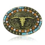 Yjfeshion Oval Long Horn Bull Skull Belt Buckle Native American Vintage Turquoise Wooden Beads Western Cowboy Buckles for Men Gift Gold