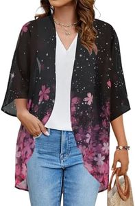 Women's Floral Print Puff Sleeve Kimono Cardigan Loose Cover Up Casual Blouse Tops(Black Pink Purple Floral,3XL)