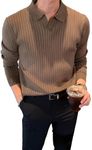 OYOANGLE Men's Sweater Classic Soft Solid Ribbed Knit Long Sleeve Collar Neck Shirt Brown L