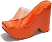 Cape Robbin Pinkki Platform Wedges - Wedges Heels for Women - 6-inch Women Wedge Heels Square Open Toe - Slip On Platform Wedge Heels with Clear Strap - Orange Size 10