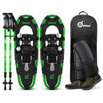 Odoland 4-in-1 Snowshoes Snow Shoes for Men and Women with Trekking Poles, Carrying Tote Bag and Waterproof Snow Leg Gaiters, Lightweight Snow Shoes Aluminum Alloy, Pale Green, Size 25''