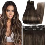 Full Shine Clip in Hair Extensions Balayage Dark Brown Human Hair Extensions Clip ins Ombre Ash Brown Mix Dark Brown Real Hair Clip in Extensions 14 Inch 3 Pcs