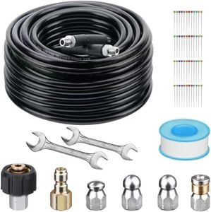 Sewer Jetter Kit 100FT/30 M for Pressure Washer, Drain Cleaner Hose 5800PSI 1/4 Inch NPT Corner, Rotating and Button Nose Sewer Jetting Drain Jetter Nozzle Pearl Corsage Pin Waterproof Tape 2 Spanner