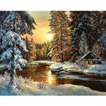 Bigie Diy Oil Painting Adult's Paint by Number Kits Acrylic Painting 16X20 Inch ((Wooden frame,Snow Cabin in the Sunset)