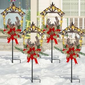 Moukeren 4 Pcs Christmas Nativity Scene Yard Stakes Lights Metal Nativity Scene Stakes Outdoor Solar Stakes Christmas Yard Decoration for Xmas Outdoor Pathway Garden Lawns (Garland)