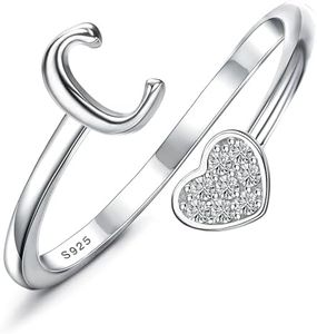 MILACOLATO 925 Sterling Silver Ring 18K White Gold Plated Initial Heart Rings Adjustable Capital Letter Initial Rings for Women Stackable Thumb Pinky Rings Valentine's Day Jewelry Trendy Stuff, C