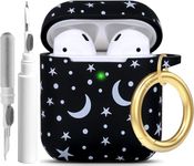 Moon Star Silicone Case Compatible with Airpods Case, Gawnock Soft Earpod Case Cover Flexible Compatible with Airpods 2nd/1st Generation Floral Print Cover for Women Girls with Keychain - Moon/Star