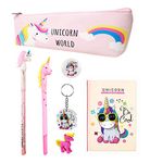 Jiada Unicorn Gift Pack of 7 in 1 for Girls - Pouch, Notebook, Gel Pen, Stacking Pencil, Eraser, Keychain and Badge.