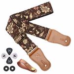 Nefelibata Japan-Printed Cotton Guitar Strap,Original Design Flower Series,Double-Layer Genuine Leather End with Hidden Pick Pocket,Include Strap Button,Guitar Pick and Strap Lock(Pomegranate Flower)