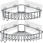 Jovware Corner Shower Caddy Shelf - Rust Proof Shelves with Bearing 30 lbs 8 Adhesive Suction Strip No Drilling 2 Hook - Large Sturdy Rack 2 Pack SUS304 Stainless Steel for Bathroom Kitchen Toilet