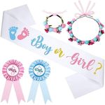 Riceshoot Boy or Girl Gender Reveal Sash Pink Blue Mom to Be Sash Dad to Be Pins with Flower Headband Wristband for Baby Shower Decoration Gender Reveal Party Supplies Pregnancy Prop (Boy or Girl)