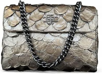 INLA Genuine Pirarucu Fish Leather Quilted Shoulder Bag for Women, Antique Silver, Made in Brazil, Exotic Leather Purse with Chain Strap & Silver Hardware