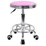 KKTONER Round Rolling Stool with Foot Rest PU Leather Height Adjustment Modern Industrial Metal Style Swivel Spa Salon Tattoo Work Massage Stools Small (Pink)