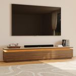 POVISON Fully Assembled 95" Mid-Century Modern TV Stand with LED Lights, Matte Travertine Stone Top Media Console for 85 Inch TV, Drop-Down Doors & Drawers, Open Storage for Living Room