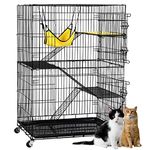 Yaheetech Cat Cage 123cm Metal Pet Cage on Wheels Rolling 4 Tiers Pet Cage with Double Layer Hammock/ 3 Ladder/Litter Tray/Brake Casters Travel Cat Cage Indoor/Outdoor, Black