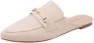 DREAM PAIRS Women's Flat Mules Buckle Pointed Toe Backless Slip on Slides Loafer Shoes,Size 9,Beige/Suede,DML212