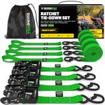 Rhino USA Ratchet Straps Heavy Duty Kit (4-Pack) - 4cm x 2.4m (2,000kg Break Strength) - Ultimate Tie Down Straps with Safety S Hooks for Trucks, ATV, UTV, Motorcycle, Cargo & More - Green