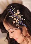 Kercisbeauty Gold Leaf Hair Comb with Blue Crystal Wedding Bridal Hair Piece Pearl Handmade Jewelry for Special Occasion