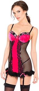 Coquette Women's Stretch Velvet and Fishnet Chemise with Faux Fir Hem, Fuchsia/Black, Medium