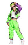 LOLANTA 3pcs Girls Hip Hop Clothes, 80'S Retro Colorblock Tracksuit, Crop Tank Top, Zipper Jacket, Jogger Trousers, Green, 10-11 Years, 150