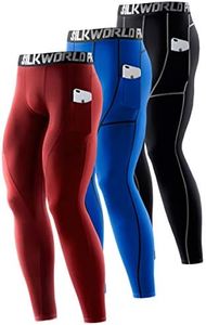 SILKWORLD Men's 1~3 Pack Compression Pants Pockets Cool Dry Gym Leggings Baselayer Running Tights (Small, Pack of 3: Black(Grey Stripe),Dark Red,Blue)
