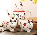 EatingBiting?R?Charming Traditional Culture Japanese Design Maneki Neko Lucky Cat Ceramic teapot 1 Tea Pot and 2 Cups Set Package Gift Box Excellent Home Decor Asian Living Gift Chefs coffee miketea