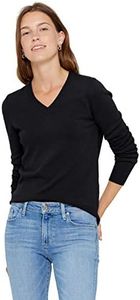 State Cashmere Women’s Essential V-Neck Sweater 100% Pure Cashmere Classic Long Sleeve Pullover (Black, Small)