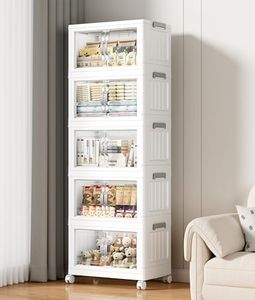 Hanyi 380 QT Stackable Storage Bins with Lids, 5 Tier Collapsible Plastic Storage Cabinet with Magnetic Doors, Removable Top Lid, Locking Wheels, Closet Organizer for Bedroom, Pantry, Office
