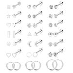 FIOROYAL 21 Pairs Tiny Flat Back Earrings Stud Hoop Earrings for Women Men Girl Stainless Steel Cartilage Helix Ear Piercing CZ Star Moon Heart Sleeping Earrings Silver