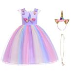 URAQT Unicorn Costume, Princess Unicorn Dress Fancy Dress with Necklace, Headband for Kids & Toddlers Birthday/Cosplay/Hallween Party,Purple 100CM