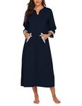 Ekouaer Women Zipper Robe 3/4 Sleeves Long Zip up Housecoat Full Length Sleepwear Pockets Long Soft Bathrobe Blue M