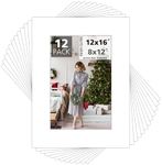 Mat Board Center, 12x16 White Mats for 8x12 Pictures - Acid Free, 4-ply Thickness, White Core, Bevel Cut - for Pictures, Photos, Framing - Pack of 12