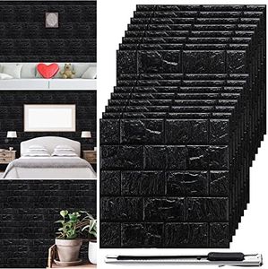 Colarr 60 Pcs 3D Wall Panels Peel and Stick Faux Foam 3D Brick Wallpaper Faux Brick Paneling Adhesive Wall Covering Panels Medieval for Bedroom, 28.8 Sq ft Coverage(Black)